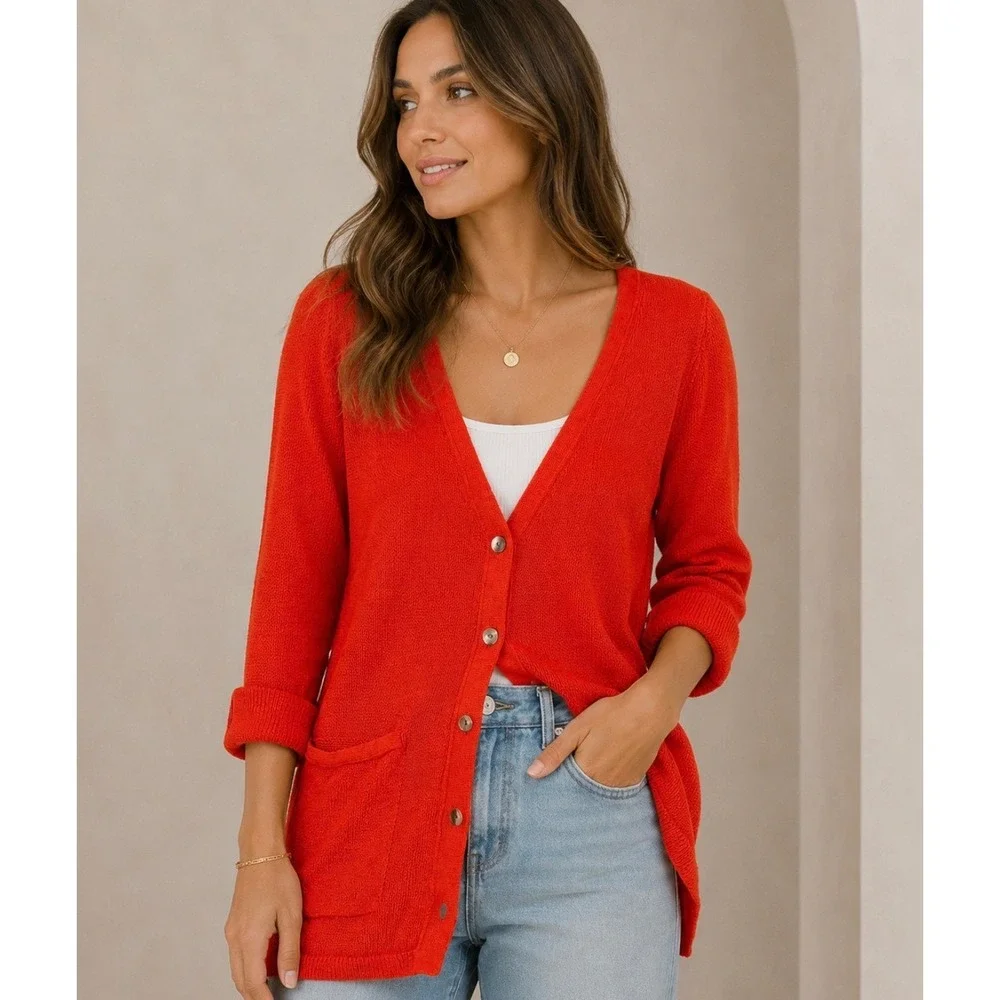 J. Jill Women XS Orange Red Linen Blend Longline Button Front Cardigan Sweater